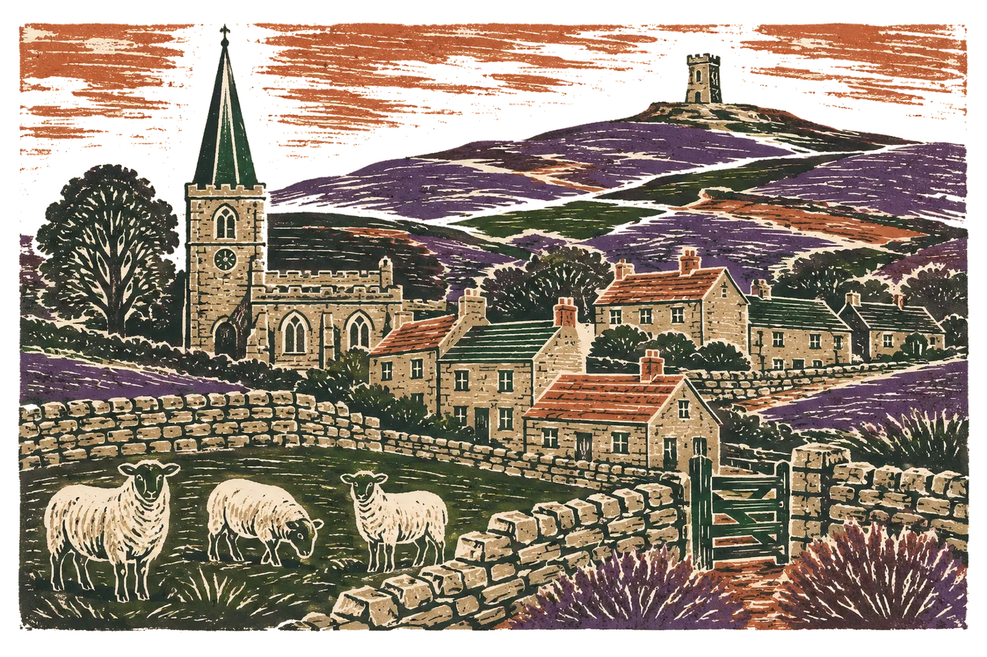 An illustrated bird's-eye view of Farnley Tyas: the church and spire, stone cottages and the pub among dry-stone-walled fields, a stream and foxgloves, with a tower on the heather-clad hilltop behind.
